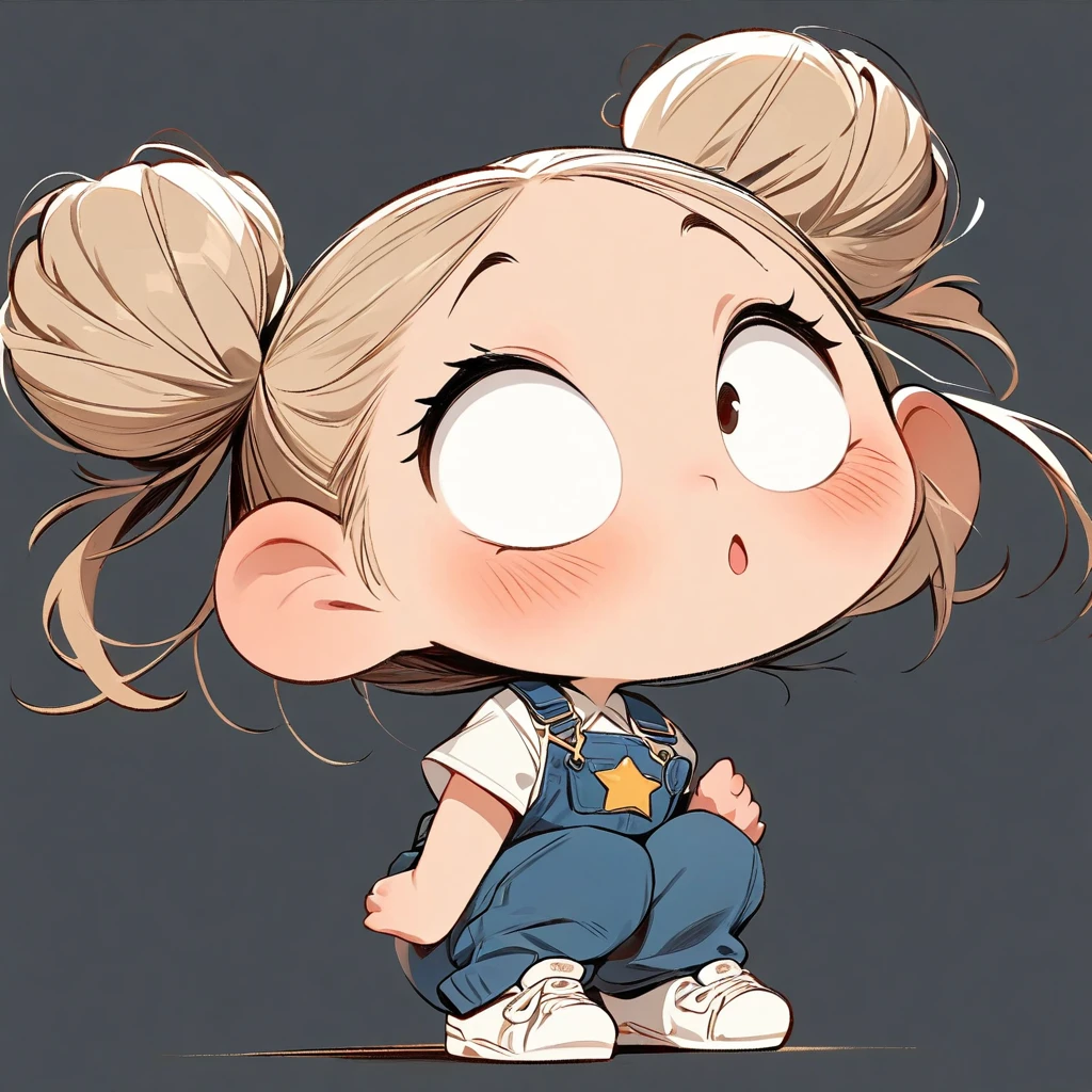 (masterpiece, best quality:1.2), cartoonish character design。Pure white background,1 girl, alone, big eyes,cute expression,Two hair buns,police uniform,Overalls,White sneakers,stand,interesting,interesting,clean lines