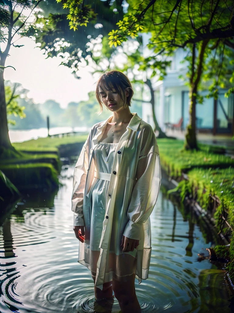 Best quality, ultra high res, full body shot from a danish pretty women wearing white transparent raincoat with floral sundress standing in between fallen trees and looking around, she is submerged in water in the dark swamps, realistic skin, rain drop, dynamic light and shadow, cinematic lighting, dynamic angle, short hair, perfect face and eyes, zenit analog camera shot with 35mm lens f/2.0, beautiful bokeh, cinematic film looks, aesthetic photorealistic, original photo in 2024
