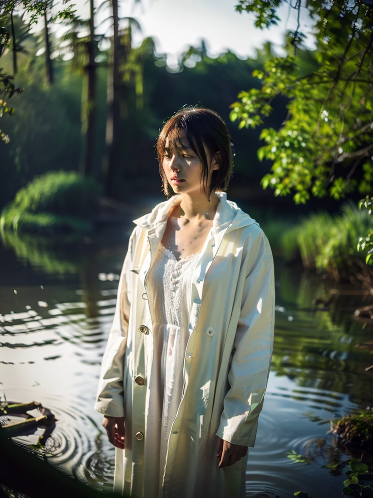 Best quality, ultra high res, full body shot from a danish pretty women wearing white transparent raincoat with floral sundress standing in between fallen trees and looking around, she is submerged in water in the dark swamps, realistic skin, rain drop, dynamic light and shadow, cinematic lighting, dynamic angle, short hair, perfect face and eyes, zenit analog camera shot with 35mm lens f/2.0, beautiful bokeh, cinematic film looks, aesthetic photorealistic, original photo in 2024