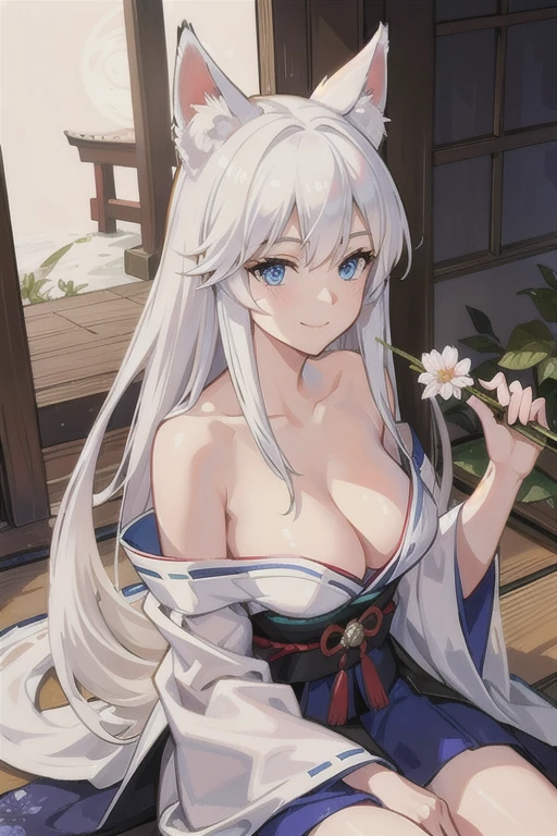 A masterful, photorealistic portrait of a beautiful young woman with striking white hair, fox ears, blue eyes and a fox tail, sitting in a shrine scene summertime during the day , wearing a traditional Japanese kimono, smiling softly with a serene expression, bathed in ambient lighting, viewed from an upper body perspective.
