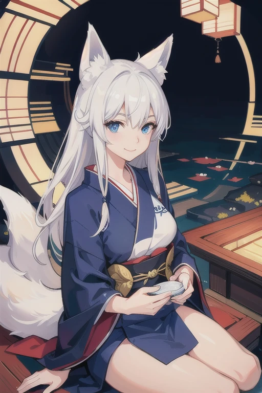A masterful, photorealistic portrait of a beautiful young woman with striking white hair, fox ears, blue eyes and a fox tail, sitting in a shrine scene summertime during the day , wearing a traditional Japanese kimono, smiling softly with a serene expression, bathed in ambient lighting, viewed from an upper body perspective.