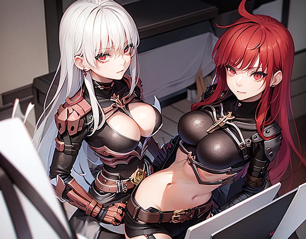 score_9, score_8_up, score_7_up, score_6_up, score_5_up, score_4_up, source_anime, tomboy girl, long hair, Bust Cup B , open-chest outfit, Guillotine Cross Rust Color Set, breastplate, waist armor, Beautiful narrow waist, Beautiful belly, Armor, red hair, Metal head jewelry, red eyes, Sparkling eyes, sit, Mobile gaming mouse, office backdrop, office desk, office chair, Sharp picture, Magical light, Bright atmosphere, beautiful backdrop, simple