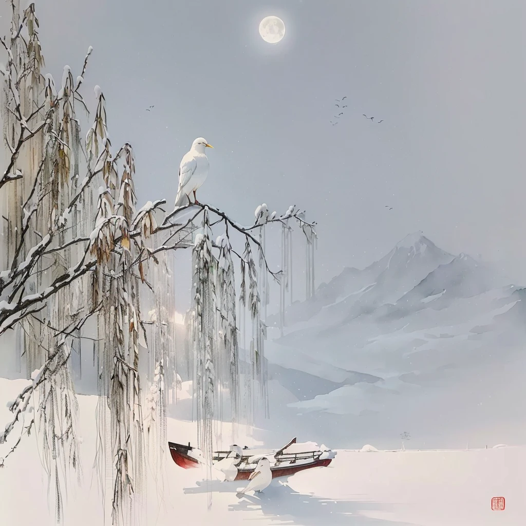 Drawing of a white bird sitting on a branch in the snow, There is a boat in the riveshing boat，There is a moon in the sky，Background is light blue，The feeling of snow，Chinese watercolor painting，Ink Painting，Chinese aesthetics