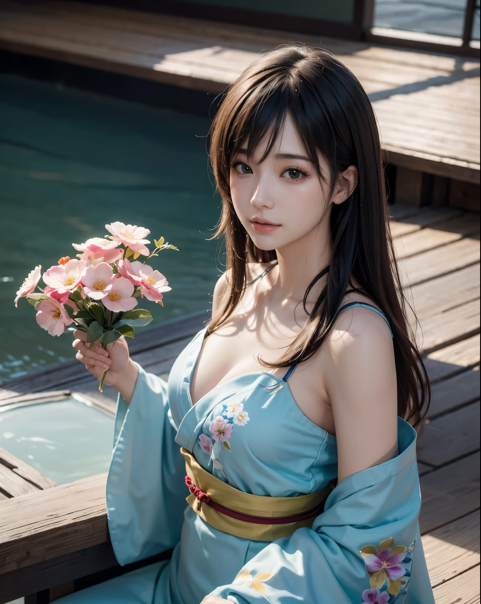 (Photorealistic:1.4), (Top image quality:1.0), (超High resolution:1.0), 8k, Raw photography, (masterpiece:0.2), (Purelos Face_v1:0.5)、(最高quality Detail:1.2)、Realisticな、8k UHD、High resolution、(One Girl:1.2)、超detailedな、High quality textures、Intricate details、detailed、非常にdetailedなCG、High quality shadows、detailed 美しく繊細な顔、detailed 美しく繊細な目、Depth of written boundary、Ray Tracing,One Girl, Japanese girl, cute, thin, Flower pattern kimono,Floral scrunchie, Beautiful Skin, Look forward,, Stand up straight and say thank you,Put your hands together gracefully,The land of Japan smiling faintly,Japanese garden,Luxurious Japanese-style room, Sky Porn, Magic Hour, (Realistic:1.3), 細かくdetailedに, quality, (Tabletop:1.2), (Realistic:1.2), (最高quality), (Intricate details), dramatic, Ray Tracing, photograph, +roller