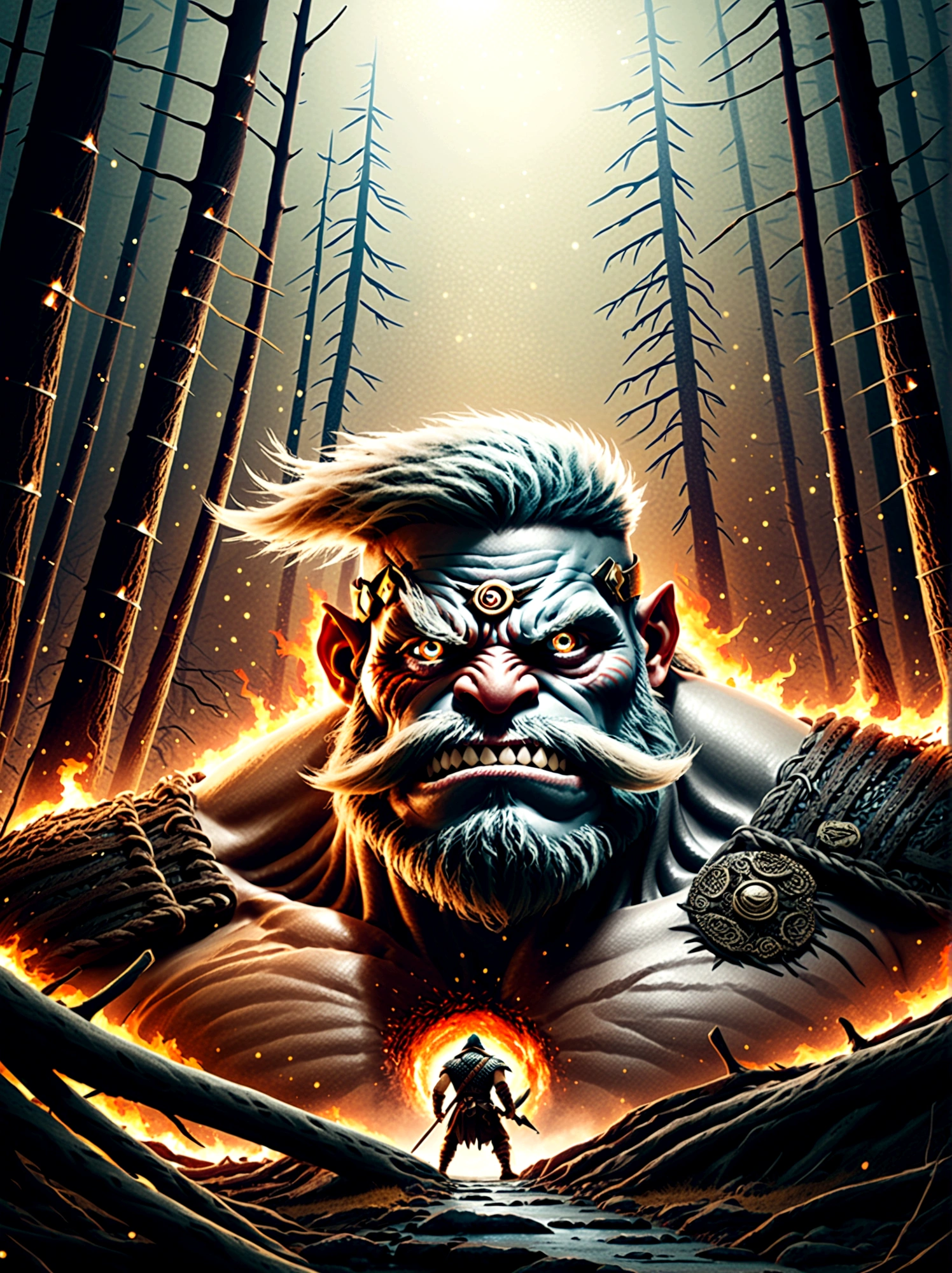 A one-eyed giant from Norse mythology, with a huge single eye covered by a black eye patch, depicted in a full-body view from a distance. The giant appears powerful and wild, with intricate details. The setting is a dark forest ablaze with hellish flames, creating a harsh environment. The artwork is in fantasy style, dark fantasy, with dramatic lighting, evoking an epic sense of destruction and fear. The image should be of the highest quality, 8k resolution, highly detailed, with 1.4 times the realism.