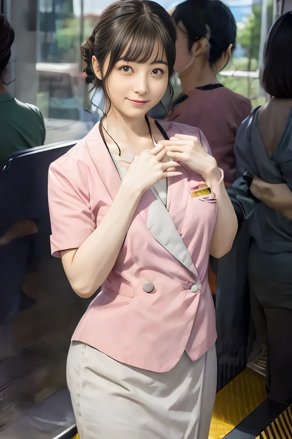 (masterpiece:1.2, Highest quality:1.2), 32K HDR, High resolution, (alone、1 girl)、 (Height: 160cm)、（On the rooftop of a building in the daytime、Professional Lighting）、Building rooftop background、（Nankai train crew uniform pinkを着たリアルスタイル）、（Nankai train crew uniform pink short sleeve collarless pink jacket、Nankai Train Crew Uniform Pink Collarless Short Sleeve Blouse、Nankai Train Crew Uniform Pink Grey Knee-length Culottes）、Dark brown hair、（Hair tied up、Hair tied up、Evening curly hairstyle）、Dark brown hair、Long Shot、Big Breasts、Thin legs、（（Great hands：2.0）），（（Harmonious body proportions：1.5）），（（Normal limbs：2.0）），（（Normal finger：2.0）），（（Delicate eyes：2.0）），（（Normal eyes：2.0））)、smile、（Nankai Train Crew Uniform Pink Grey Knee-length Culottesを見せた美しい歩く姿）、Place your hands around your stomach、Lanyard employee ID card