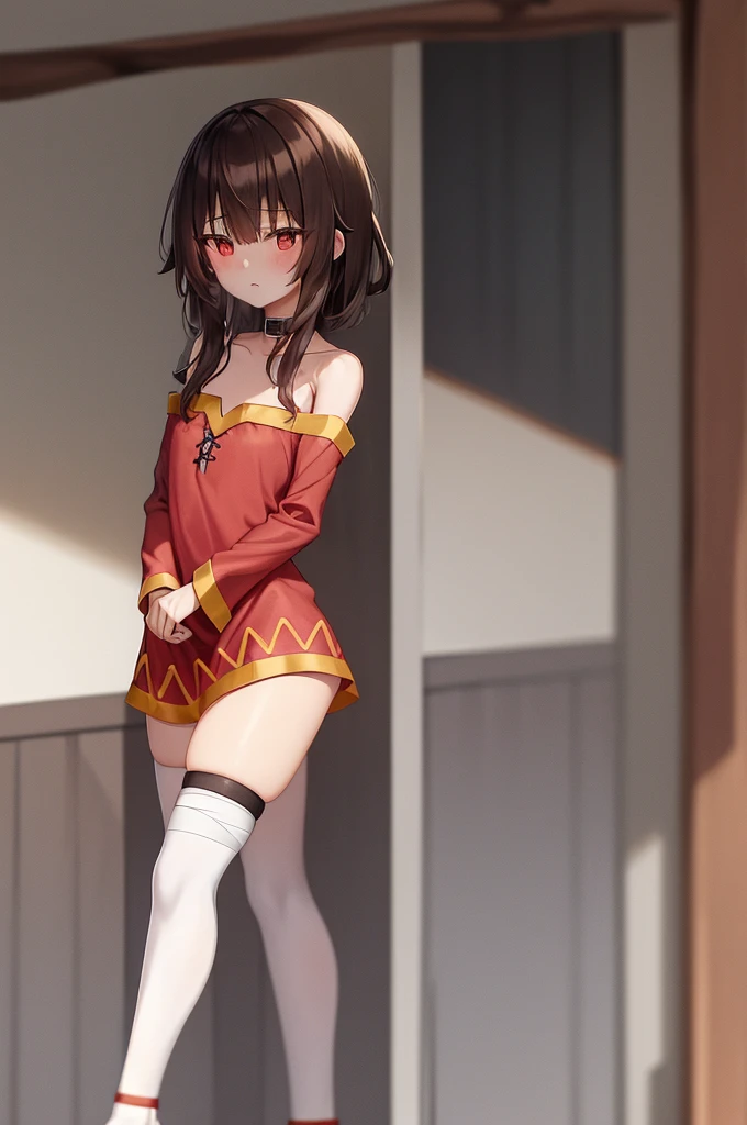 Megumin, One girl,alone,Short and long hair,Brown Hair,Red Eyes,Small breasts,clavicle,Red dress,Gold border,Black choker,Bandage on leg,