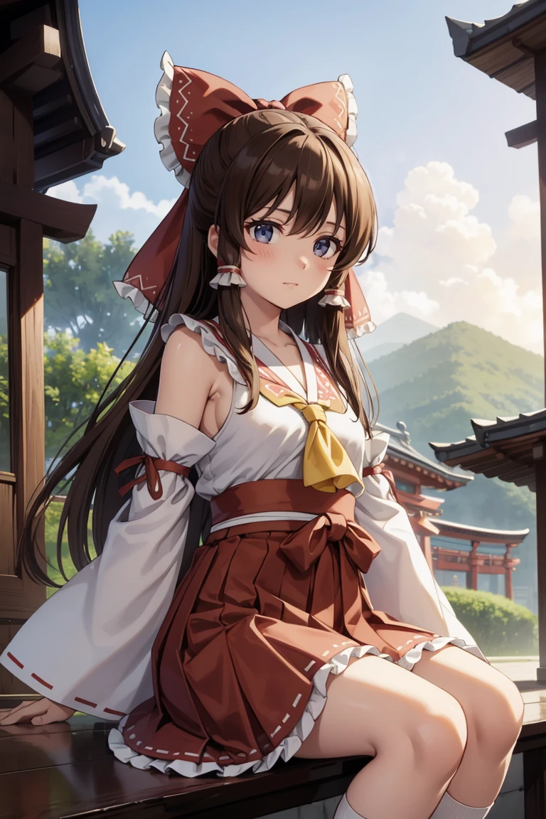 reimu hakurei, (Brown eyes:1.5), Brown Hair, bow, hair bow, Hair Tube, Long Hair, red bow, Side Lock,
Blake Ascot, Bare shoulders,Removable sleeves, embellished costume, Frills, kimono, Non-traditional Shrine Maiden, red skirt, Sandals, sarashi, skirt, socks, White sleeves, white socks, Wide sleeves, Sit on a chair、Thighs、
BREAK Watch Viewers,
Outdoor rest, shrine,Cowboy Shot,Smile Break (masterpiece:1.2), Highest quality, High resolution, unity 8k wallpaper, (figure:0.8), (Beautiful attention to detail), Highly detailed face, Perfect lighting, Highly detailed CG, (Perfect hands, Perfect Anatomy),Dynamic pose,