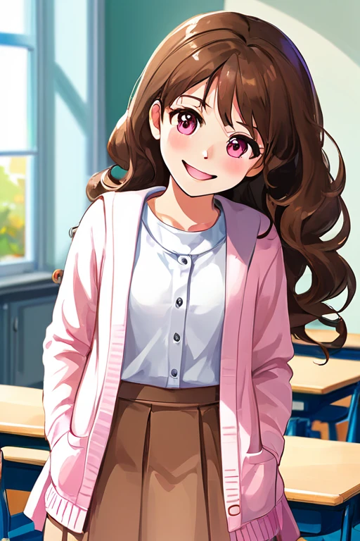 A beautiful young student girl smiling, long brown curls, light brown eyes, white skirt, pink cardigan, in a classroom