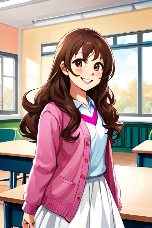 A beautiful young student girl smiling, long brown curls, light brown eyes, white skirt, pink cardigan, in a classroom