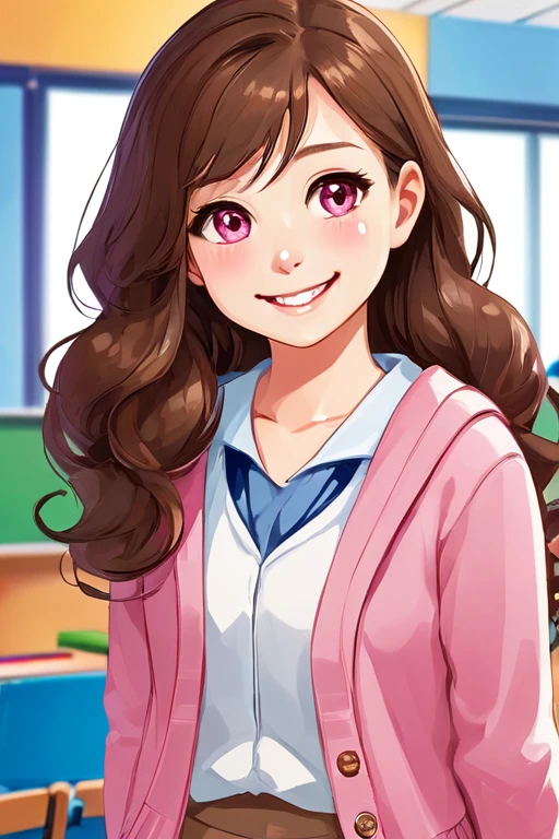 A beautiful young student girl smiling, long brown curls, light brown eyes, white skirt, pink cardigan, in a classroom