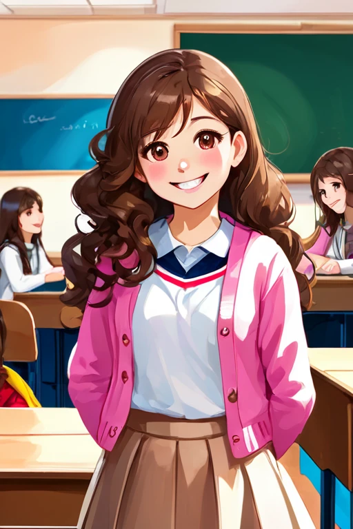 A beautiful young student girl smiling, long brown curls, light brown eyes, white skirt, pink cardigan, in a classroom