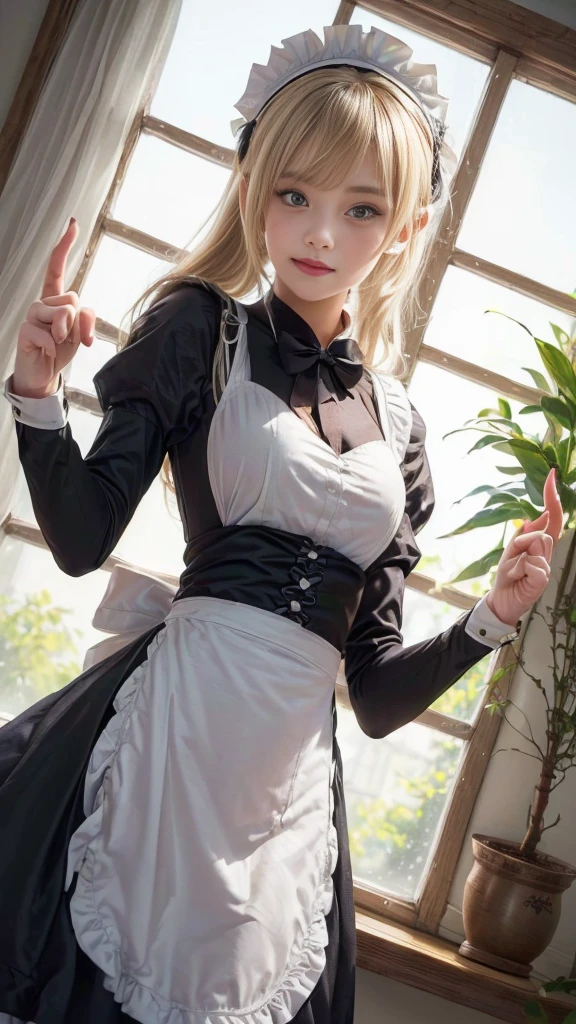 anime character dressed in Maid outfit standing in front of a window, anime girl in a Maid costume, Maid outfit, gorgeous Maid, Maid, Beautiful and detailed anime art, Maid dress, anime cat girl in a Maid costume, loli in dress, a Maid in a magical forest, Catboy Cosplay! Maid! dress, From Girls Frontline, wearing Maid uniform, (((stick up your middle finger:1.5, Fuck sign:1.5))), (Detailed hands and fingertips:1.1), (Detailed eyes and face:1.2), (Perfect Anatomy:1.2), (Blonde Hair:1.2), Beautiful breasts, flower pot, ribbon, (Beautiful Face, Baby Face:1.2, Idol Face), Slender body line, Small and slender figure, (Highest quality, 8k, masterpiece:1.2), Ultra-detailed, (Reality:1.4), Narrow waist