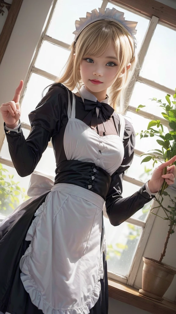 anime character dressed in Maid outfit standing in front of a window, anime girl in a Maid costume, Maid outfit, gorgeous Maid, Maid, Beautiful and detailed anime art, Maid dress, anime cat girl in a Maid costume, in dress, a Maid in a magical forest, Catboy Cosplay! Maid! dress, From Girls Frontline, wearing Maid uniform, (((stick up your middle finger:1.5, Fuck sign:1.5))), (Detailed hands and fingertips:1.1), (Detailed eyes and face:1.2), (Perfect Anatomy:1.2), (Blonde Hair:1.2), Beautiful breasts, flower pot, ribbon, (Beautiful Face, Baby Face:1.2, Idol Face), Slender body line, Small and slender figure, (Highest quality, 8k, masterpiece:1.2), Ultra-detailed, (Reality:1.4), Narrow waist