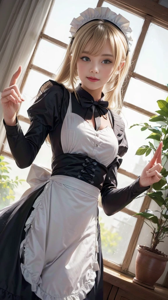 anime character dressed in Maid outfit standing in front of a window, anime girl in a Maid costume, Maid outfit, gorgeous Maid, Maid, Beautiful and detailed anime art, Maid dress, anime cat girl in a Maid costume, loli in dress, a Maid in a magical forest, Catboy Cosplay! Maid! dress, From Girls Frontline, wearing Maid uniform, (((stick up your middle finger:1.5, Fuck sign:1.5))), (Detailed hands and fingertips:1.1), (Detailed eyes and face:1.2), (Perfect Anatomy:1.2), (Blonde Hair:1.2), Beautiful breasts, flower pot, ribbon, (Beautiful Face, :1.2, Idol Face), Slender body line, Small and slender figure, (Highest quality, 8k, masterpiece:1.2), Ultra-detailed, (Reality:1.4), Narrow waist