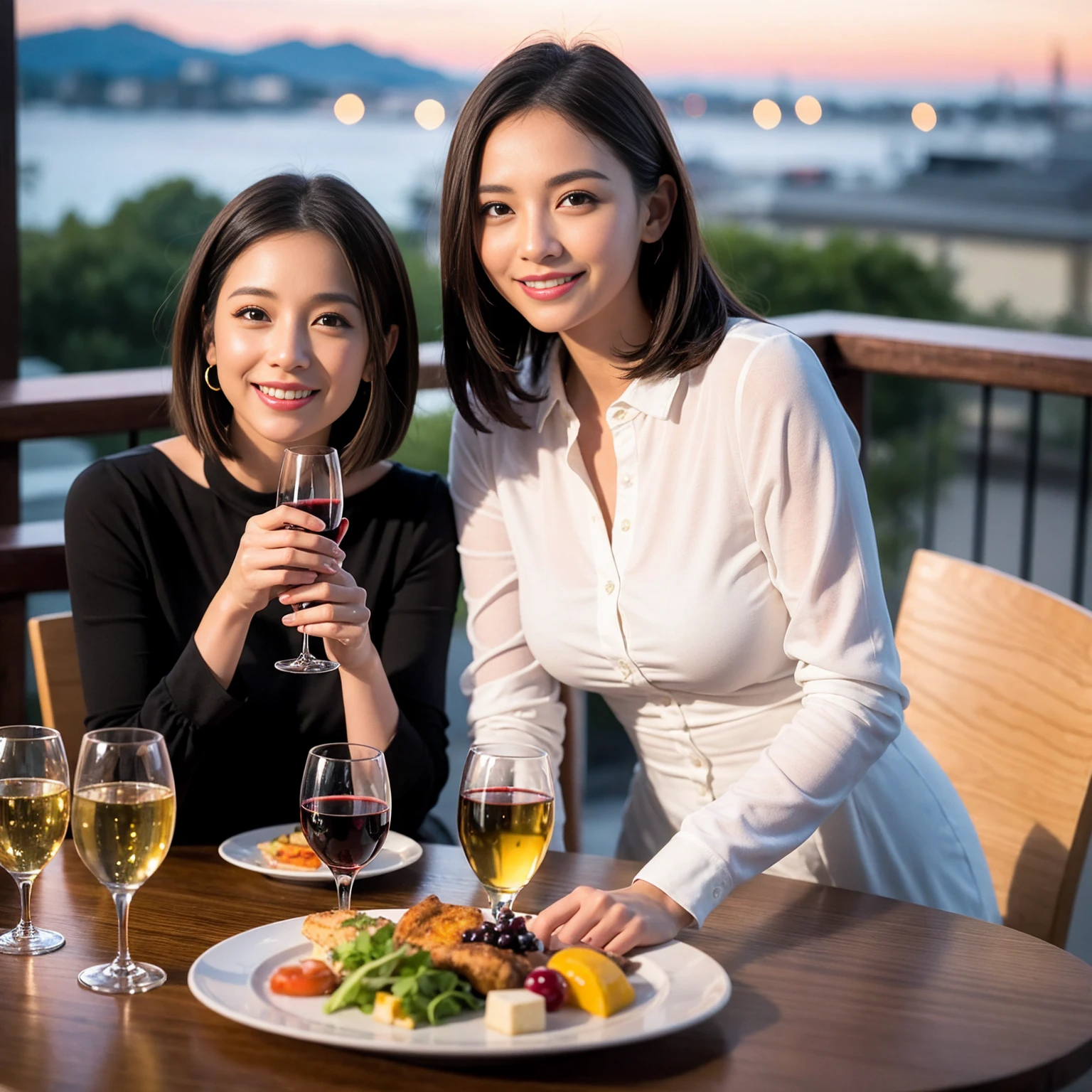 ((Highest quality、8k、masterpiece:1.3))、 (Genuineistic, Genuine、Bright image、Intricate details:1.2), 最高のsmile、1 male, 1 female、Beautiful couple、spouse、Relatives and friends、Good friend、actress couple、smile、Full-course dinner at a packed table、 (Slim face), (the body is slim), (Brown Hair), (short hair), テーブルのwine glass、Please shine a light on my face、 Amazing view of the sunset sky and clouds、 (33 years old)38 years old, red wine 、Appetizers、Wine bottle、sparkling wine、Long sleeve shirt、dress、White wine, red wine, wine glass, 