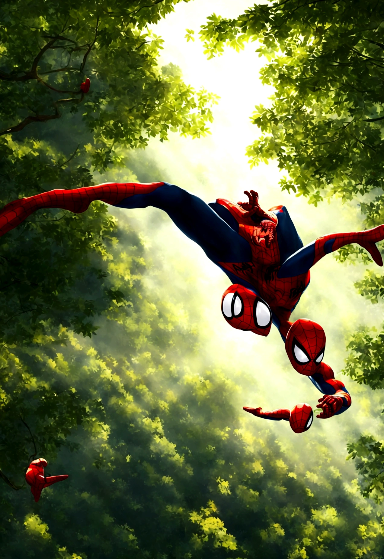 Spider-Man hanging upside down in his signature style, amidst a serene forest with sunlight filtering through the leaves. Makoto Shinkai's anime style, tranquil atmosphere, detailed foliage. Highly detailed, hd quality
