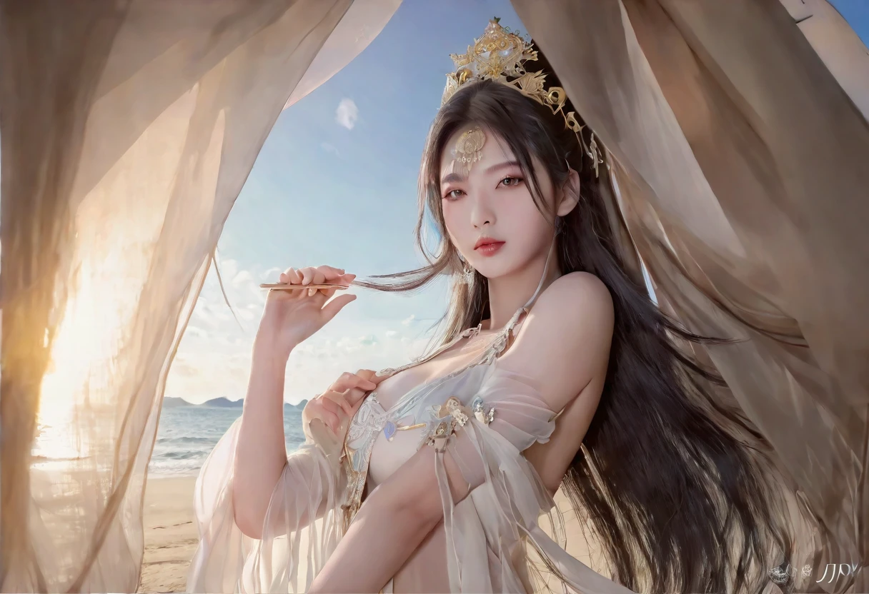 there is a woman in a white dress posing on the beach, a beautiful fantasy empress, trending on cgstation, japanese goddess, beautiful fantasy maiden, guweiz, chinese fantasy, beautiful maiden, by Victor Wang, beautiful goddess, ruan jia and artgerm, by Yang J, gorgeous chinese model, beautiful alluring anime woman