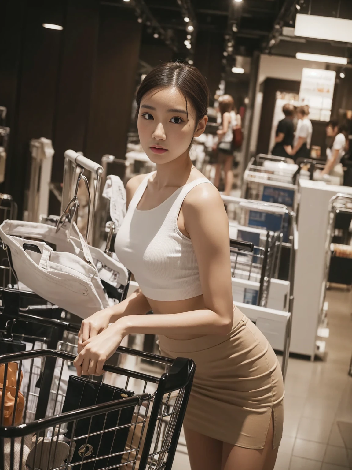 A woman wearing a white bustier shirt and a tan skirt stands next to a shopping cart in a department store.,realistically,Lifelike shadows