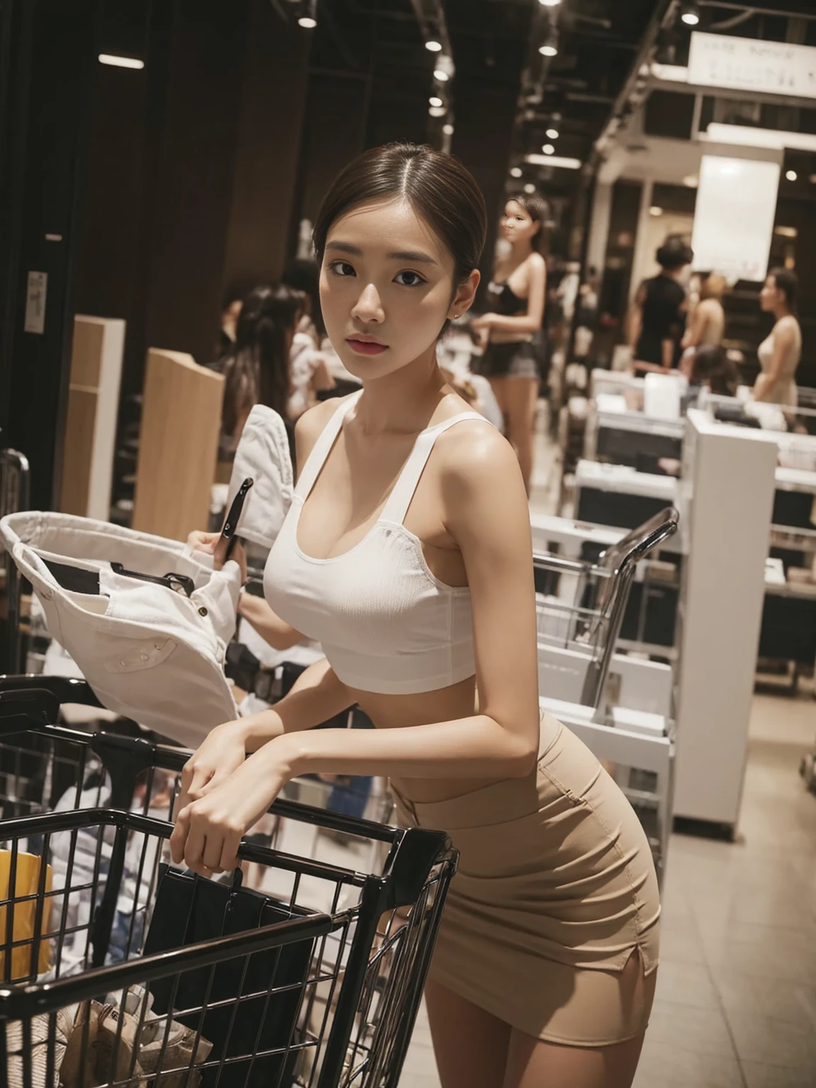 A woman wearing a white bustier shirt and a tan skirt stands next to a shopping cart in a department store.,realistically,Lifelike shadows