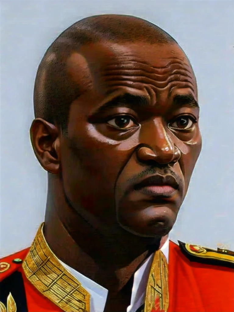 Detailed and realistic portrait of African President Oligui in black suit, shaved head with white background, dessin au trait ; encre fine, Style bande dessinée, Magnifique dessin au trait, Style bande dessinée, soft, dim light, 8k