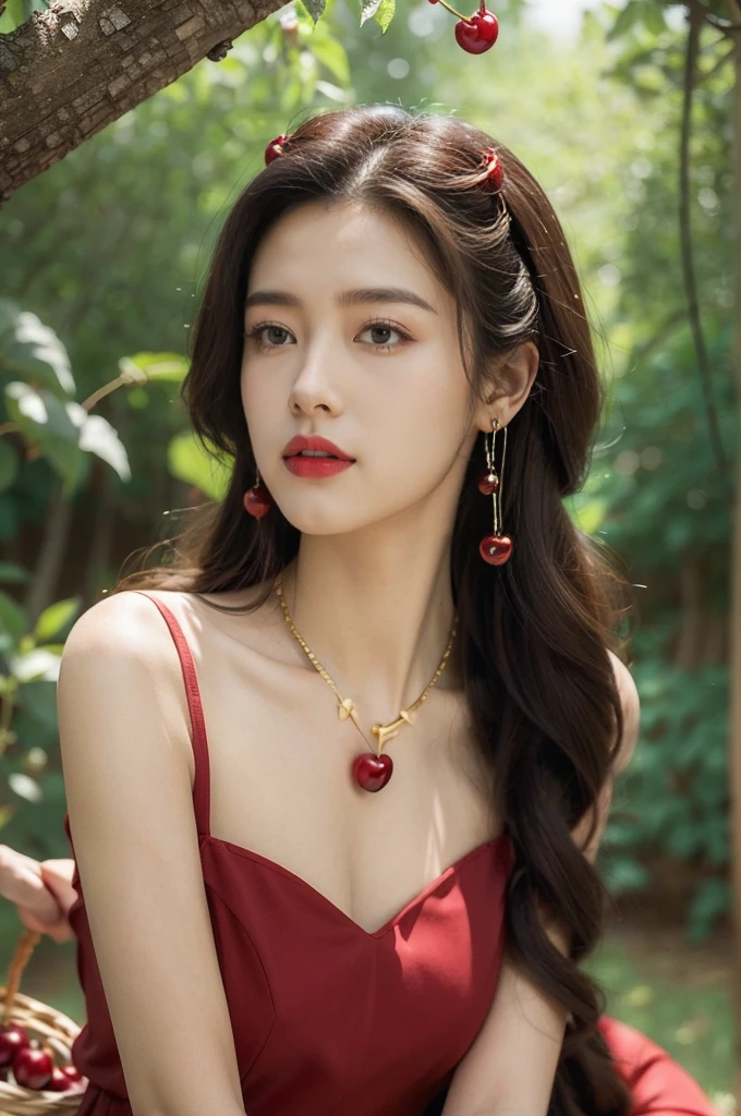 (((best quality))),(((ultra detailed))),(((masterpiece))),illustration,1 beautiful girl,solo,earrings,necklace,medium straight hair,slim,flat chest,red dress,summer,(cherry orchard full of red cherries:1.3),sunlight,dappled light,fair skin,smile,(ripest cherries on the trees:1.3),red lips,peaceful,summer breeze,hair fluttering,setting sun,radiant hue,beauty grace,basket,upper body