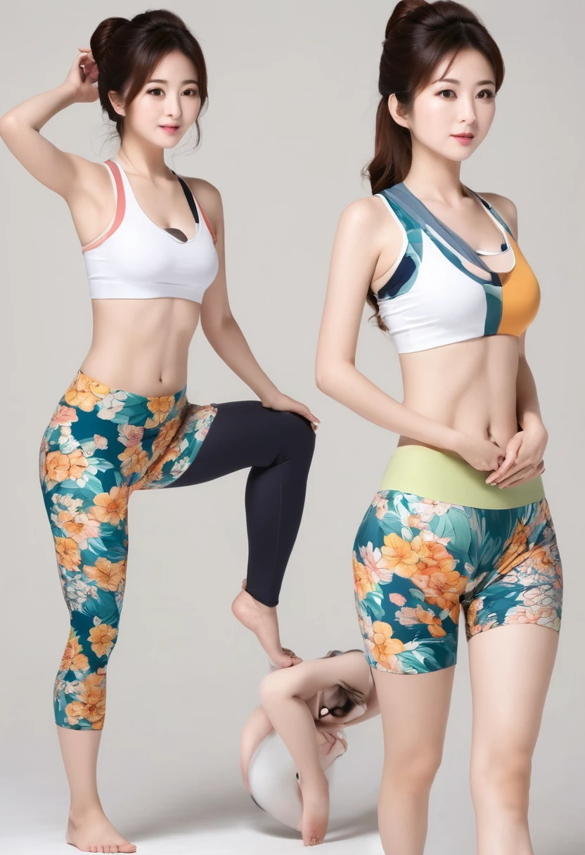 Create an image of a group of Japanese women doing yoga。Please prepare 4 patterns that show your whole body.。Age: 30。Weight: 45 kg。Height: 160cm。Bust E Cup。The waist is constricted,、The abdominal muscles are slightly visible.。Her limbs and butt are as slim as a model&#39;s.。Wearing a white nurse cap。She is wearing a tiny white bikini。You can see the erect nipples。The bikini pants are shaped like a thong.。Has a serious expression。