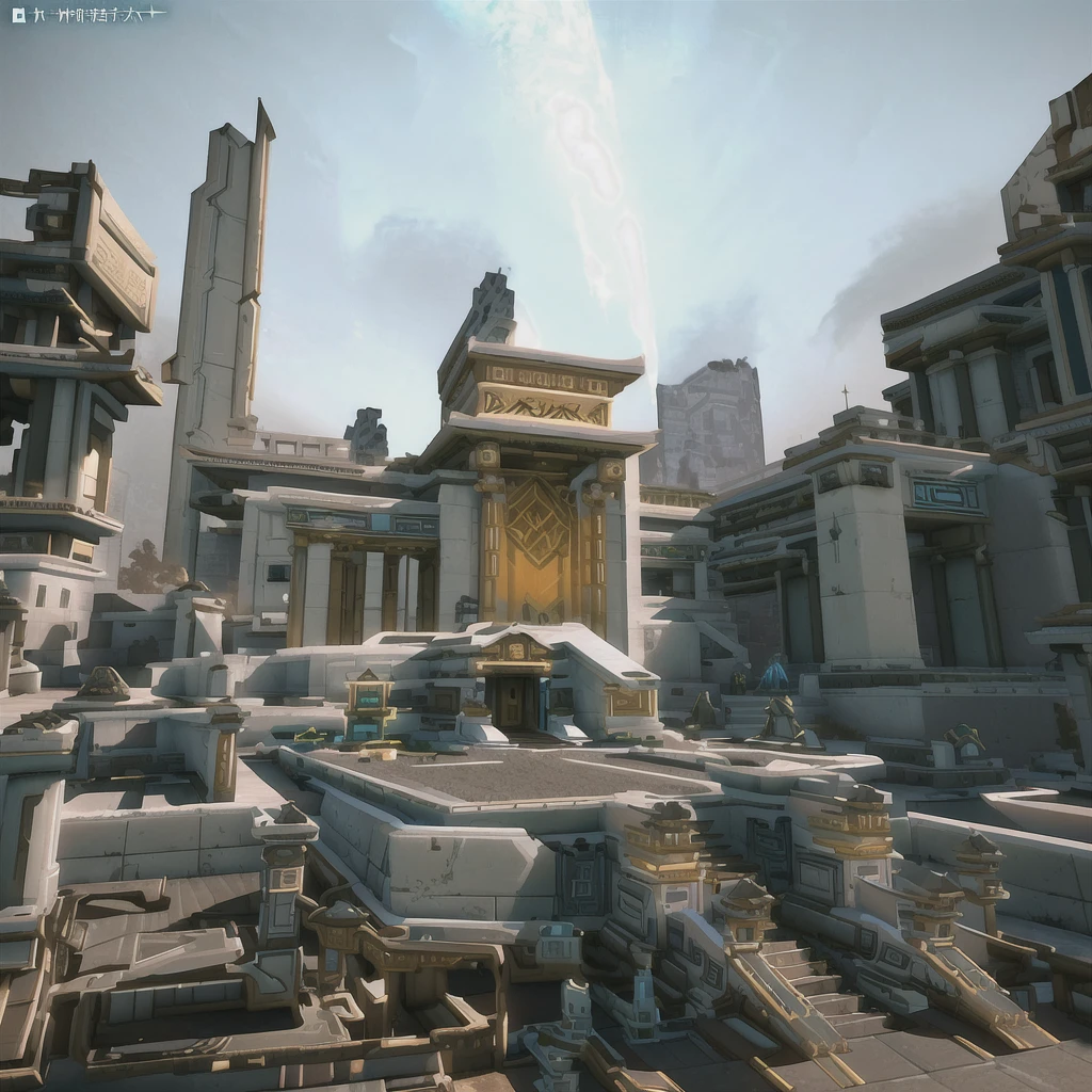 There is a picture of the city,There is a fountain in the middle, Overwatch大楼, tf2 screenshots, Sci-fi temple appearance, Temple of the Stars!!!, tf2 map. net, Overwatch, Screenshot from《Overwatch》, tf2 screenshots colour palette, 风格化的Concept Art, zenith view, Game image, unity screenshot, 3 d stylize scene,(masterpiece:1.2), best quality, masterpiece, high resolution, The original, Extremely detailed wallpaper, Perfect lighting, CG,realism,painting,Unreal Engine,Concept Art,grey_background,landscape, architecture,European style,huge,desert,warm color,,remains