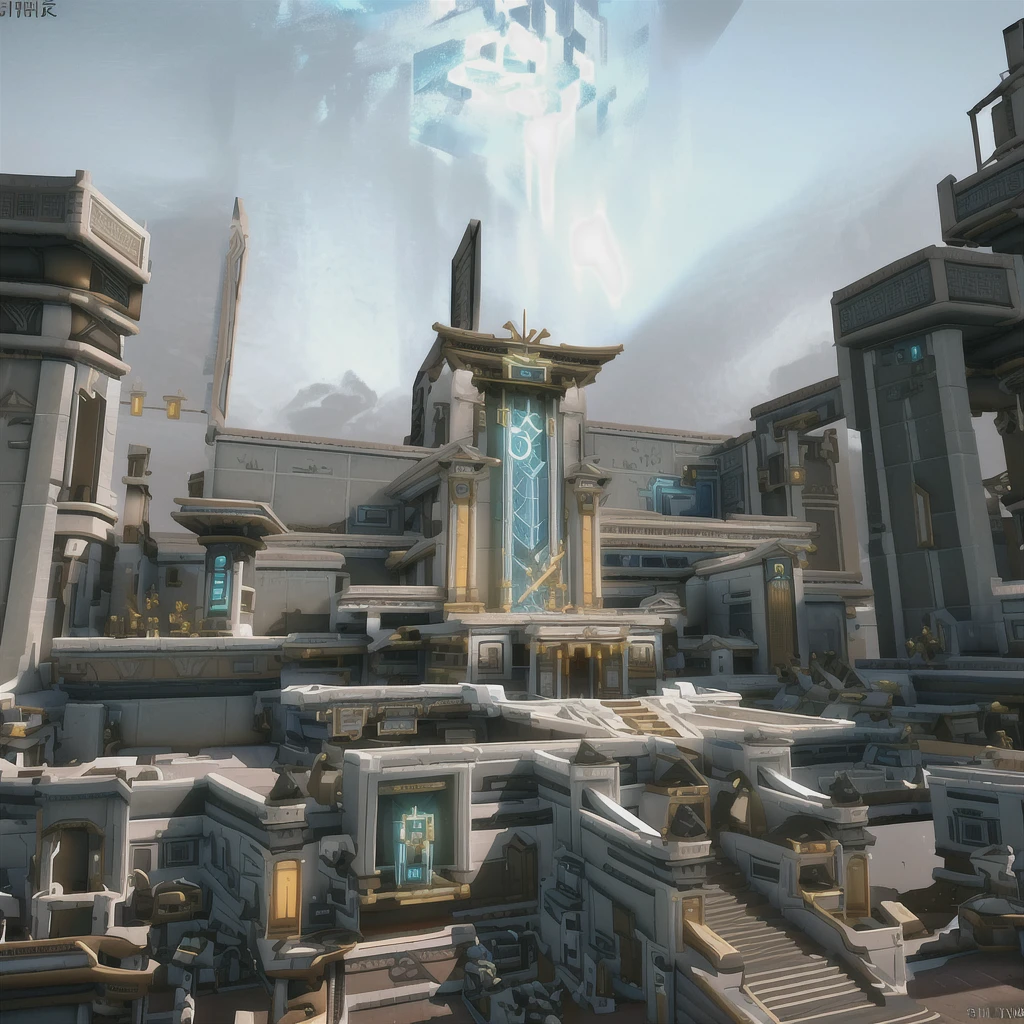 There is a picture of the city,There is a fountain in the middle, Overwatch大楼, tf2 screenshots, Sci-fi temple appearance, Temple of the Stars!!!, tf2 map. net, Overwatch, Screenshot from《Overwatch》, tf2 screenshots colour palette, 风格化的Concept Art, zenith view, Game image, unity screenshot, 3 d stylize scene,(masterpiece:1.2), best quality, masterpiece, high resolution, The original, Extremely detailed wallpaper, Perfect lighting, CG,realism,painting,Unreal Engine,Concept Art,grey_background,landscape, architecture,European style,huge,desert,warm color,,remains