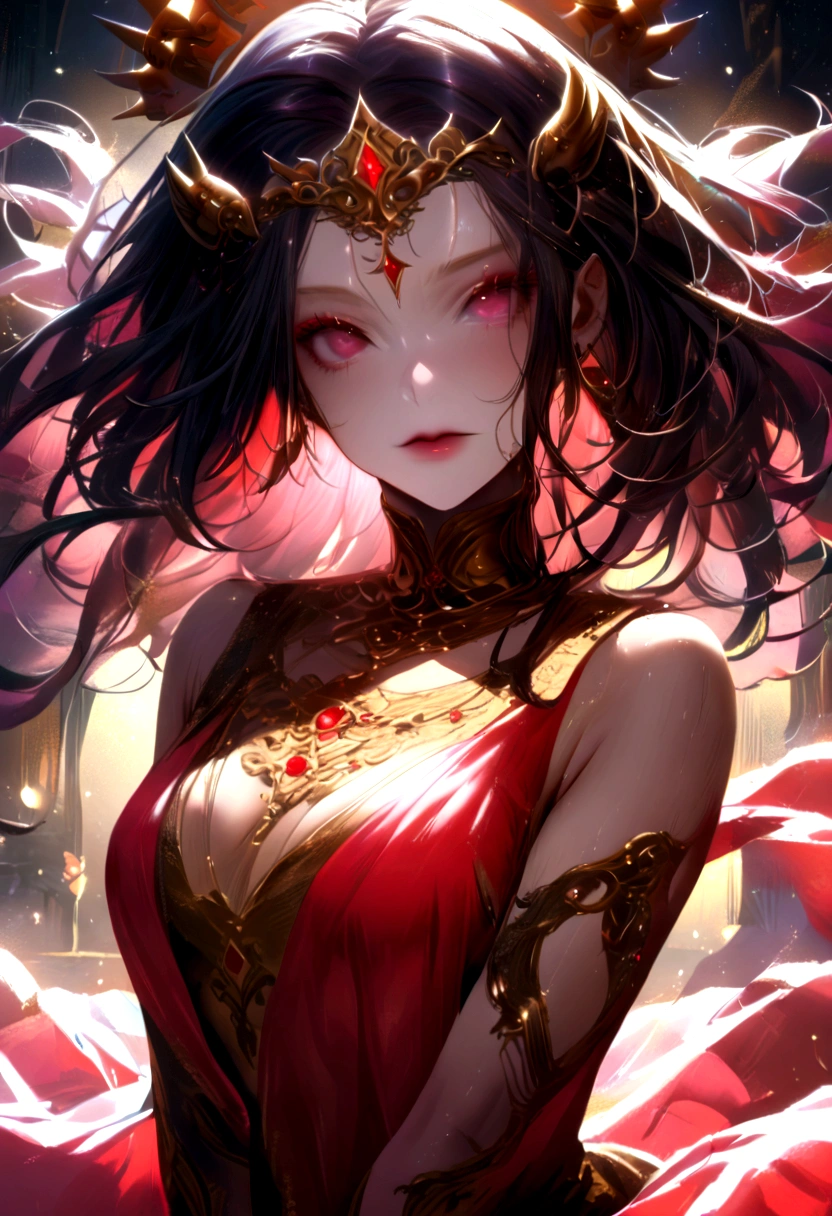 ((masterpiece、Highest quality、Realistic、Ultra-detailed、High resolution、Photorealistic、Sharp focus、Cinematic lighting))、Stunning portrait of a beautiful woman、Face Light、High brightness、Front lighting、(Complex and beautiful features、Brown Skin、Attractive body)、Modern Indian Goddess、(Transparent Red Sari)、Dynamic pose、crown、Rich colors、Heavenly Goddess、Look at the viewers、Detailed hand drawing、Fantasy