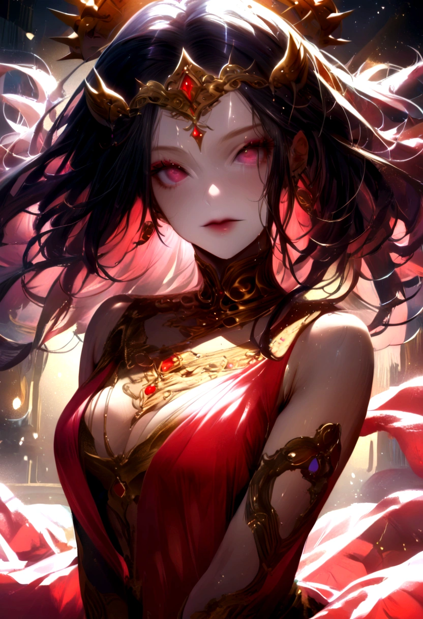 ((masterpiece、Highest quality、Realistic、Ultra-detailed、High resolution、Photorealistic、Sharp focus、Cinematic lighting))、Stunning portrait of a beautiful woman、Face Light、High brightness、Front lighting、(Complex and beautiful features、Brown Skin、Attractive body)、Modern Indian Goddess、(Transparent Red Sari)、Dynamic pose、crown、Rich colors、Heavenly Goddess、Look at the viewers、Detailed hand drawing、Fantasy