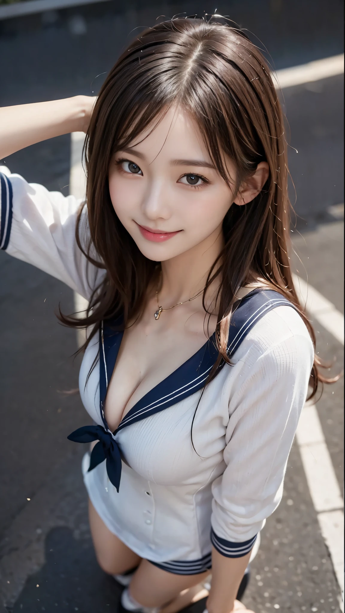 ((Sailor suit、Highest quality、Masterpiece、High resolution))、(((Zoom photo from above)))、(A shy smile:1.2)、One 15-year-old female、Beautiful Skin、Beautiful Eyes、Cleavage、Black Hair、semi-long