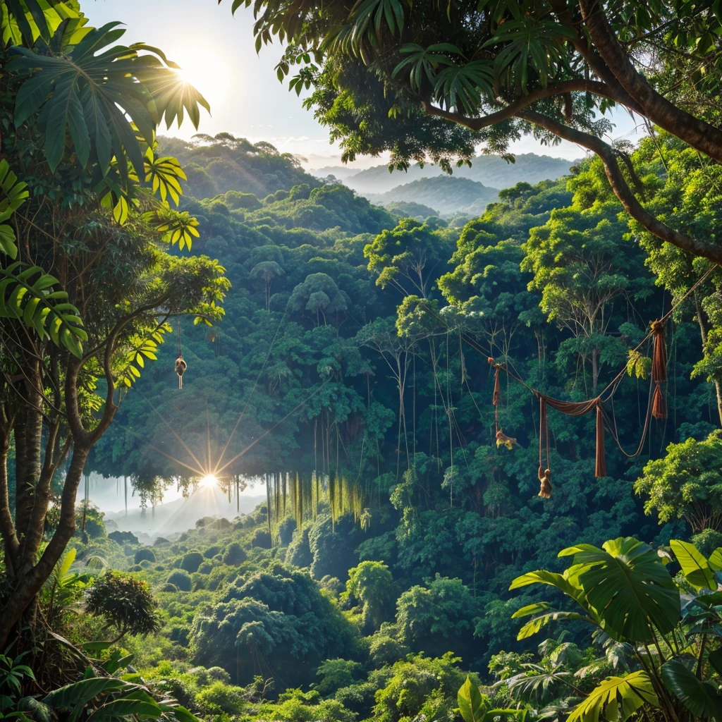 Create a panoramic view of a lush, vibrant jungle filled with various animals and dense vegetation. Birds are flying, monkeys are swinging, and the morning sun is casting a warm glow over everything.