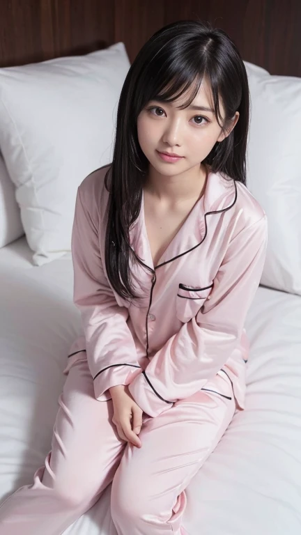 ((High definition)),((detailed)),((high resolution)),((8K)),((Perfect body)),((Perfect Face)),((Realistic)),((Realistic)),((Real)),((high quality)),((Beauty)),((pink sleeping bag pajamas)),((Sit on the bed and look at this))、((Looking up))、((Wet Hair:1.3))、((Hug a pillow))、((No makeup))、16 years old、Double eyelids、Big Eyes、Smile with your mouth closed、pretty girl、Pastel colored room、Jet Black Hair、Dark brown eyes