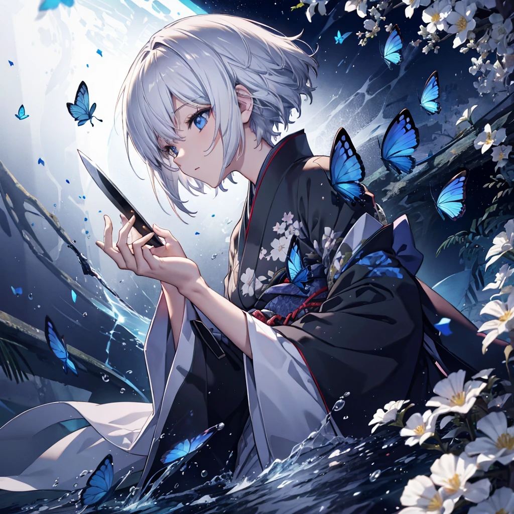 (((1 person))) ((High resolution Gray Hair short hair Black kimono Shoulder)) ((Black Band military commander Lonely despair blue eyes)) ((Blue Butterfly night Japanese style old Shining Aura garden water surface)) (dance 日本knife knife Slashing) moon star Draw your sword Slashing Catch the wind