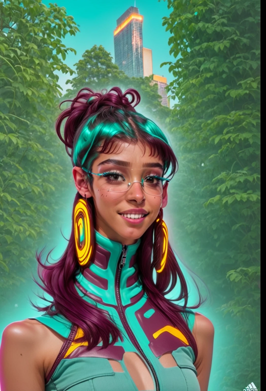 She is at a disco with colorful lights reflecting on her skin. She's a cute 23-year-old Latina with a button nose and straight hair parted in the middle. She's wearing 1980s hip hop clothing, including a maroon leather jacket with many silver, angled and shiny zippers. She also has futuristic tech glasses and glowing earrings. In the background, there's a cityscape. She's wearing an Adidas maroon turtleneck with aqua blue stripes and is posing from the waist up, looking away from the camera and smiling, showing her freckles and a separate buck teeth.