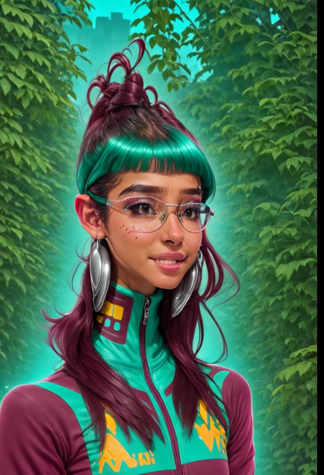 She is at a disco with colorful lights reflecting on her skin. She's a cute 23-year-old Latina with a button nose and straight hair parted in the middle. She's wearing 1980s hip hop clothing, including a maroon leather jacket with many silver, angled and shiny zippers. She also has futuristic tech glasses and glowing earrings. In the background, there's a cityscape. She's wearing an Adidas maroon turtleneck with aqua blue stripes and is posing from the waist up, looking away from the camera and smiling, showing her freckles and a separate buck teeth.