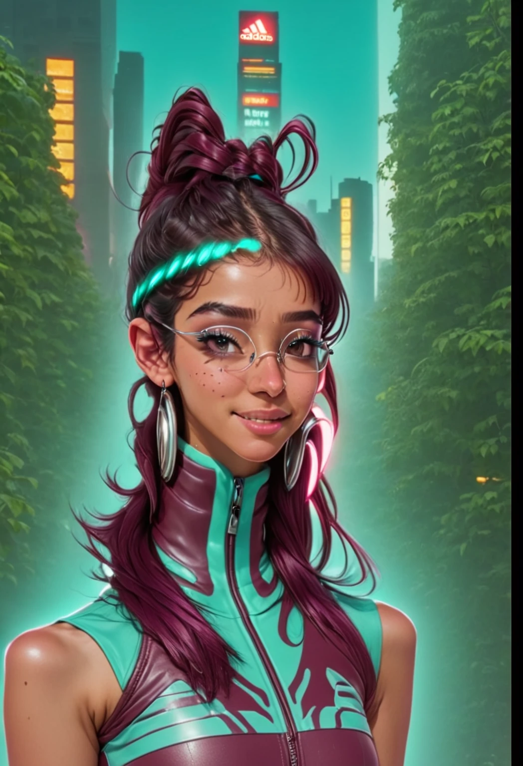 She is at a disco with colorful lights reflecting on her skin. She's a cute 23-year-old Latina with a button nose and straight hair parted in the middle. She's wearing 1980s hip hop clothing, including a maroon leather jacket with many silver, angled and shiny zippers. She also has futuristic tech glasses and glowing earrings. In the background, there's a cityscape. She's wearing an Adidas maroon turtleneck with aqua blue stripes and is posing from the waist up, looking away from the camera and smiling, showing her freckles and a separate buck teeth.