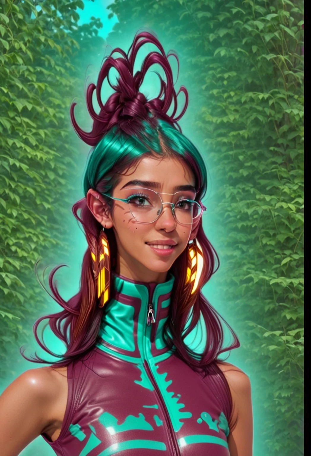 She is at a disco with colorful lights reflecting on her skin. She's a cute 23-year-old Latina with a button nose and straight hair parted in the middle. She's wearing 1980s hip hop clothing, including a maroon leather jacket with many silver, angled and shiny zippers. She also has futuristic tech glasses and glowing earrings. In the background, there's a cityscape. She's wearing an Adidas maroon turtleneck with aqua blue stripes and is posing from the waist up, looking away from the camera and smiling, showing her freckles and a separate buck teeth.