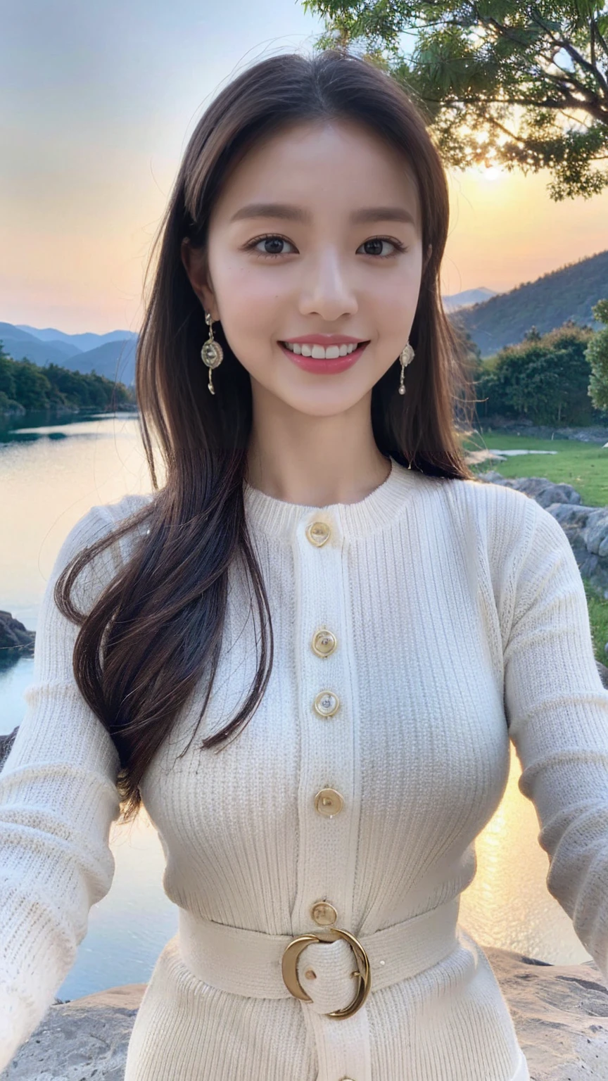 ((Highest quality、8k、masterpiece:1.3))、Very delicate and beautiful girl,Full Body Shot,Huge breasts,Your breasts will get bigger,Amazing breast size,G-Cup,Half of her chest is exposed。wear big earrings,Very white skin,Moist red lips,The waist is very small,very thin thighs,Big Ass,Fair and smooth skin,smooth, fair skin,Perfect Skin,Fair and glowing skin,Cold white skin,The camera focuses on the chest,Bright light,White sweater,The lower body is exposed,Gray Hair,heavy snow,Snow Mountain,sunset,lake,Cute smile