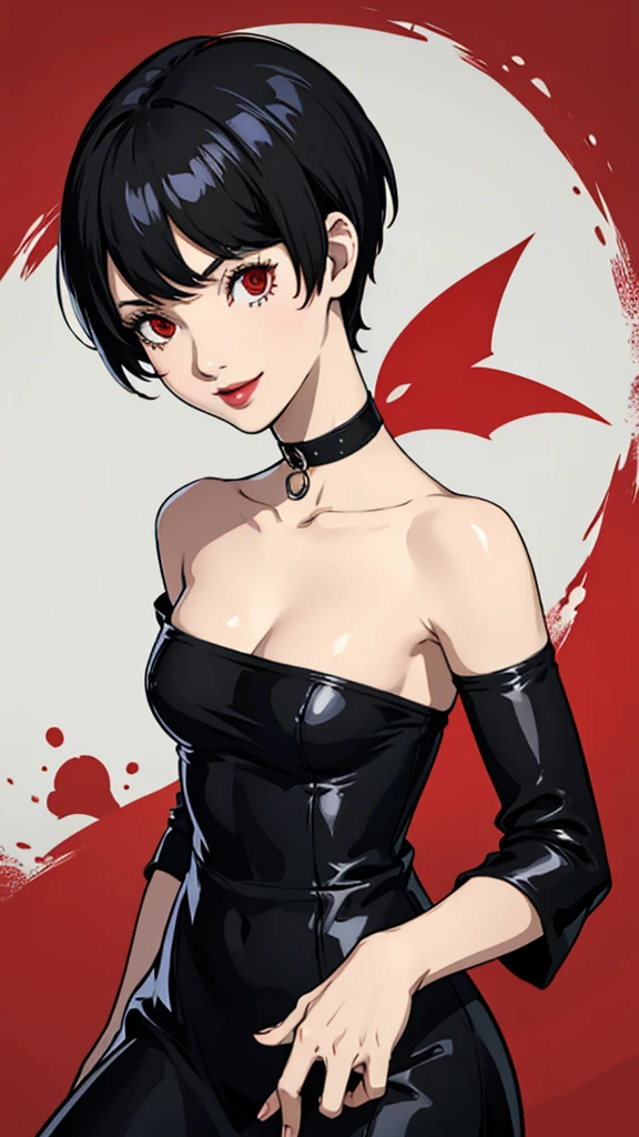 1 girl, Red eyes, very Short hair, black choker, lipstick, smile, black hair, female , tomboy Pixie haircut, dress, pantyhose, cowboy shot,