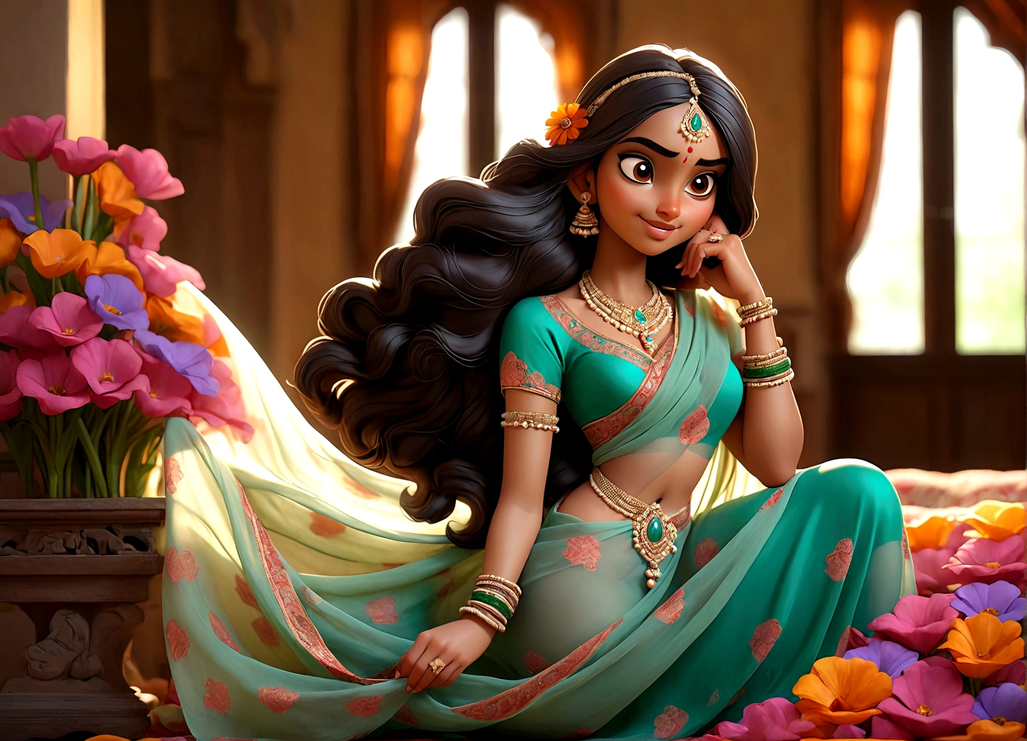 A lovely Indian woman (age 25, athletic, very full breasts natural sag, wide hips, big butt, colorful translucent dress made of sheer silk cloths), happy, heavy flirting, convenient poses where a lot of light is behind her fully revealing the wonders under her translucent dress (breasts and vagina well defined), she is showing the viewer around her home particularly her lavish bedroom (bed covered with many flowers)
