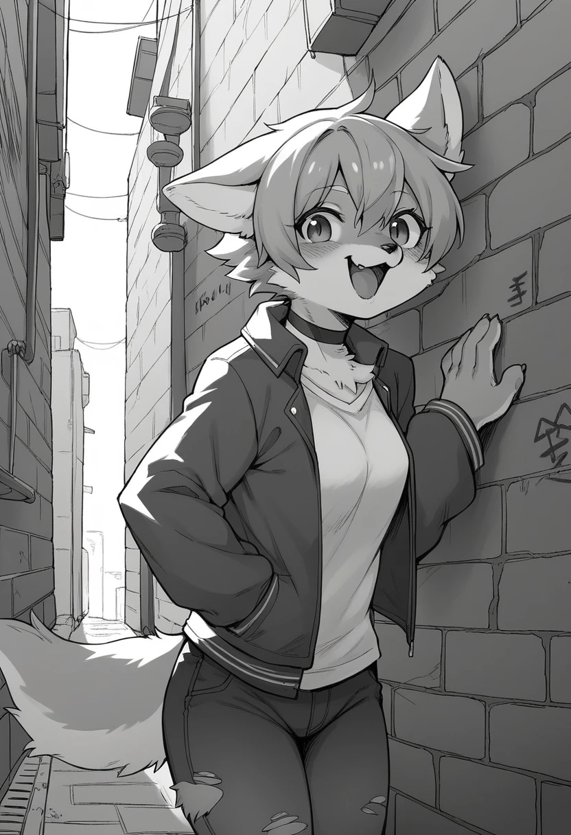 cover page, highres, top quality, best quality, paid reward available, unparalleled masterpiece, perfect artwork, absurdres, High-quality illustrations, laughing, perfect anatomy, lineart, monochrome, 1girl, kemono, furry, anthro, choker, shirt, torn legwear, open jacket, against wall, brick wall, graffiti, dim lighting, alley, dynamic angle,