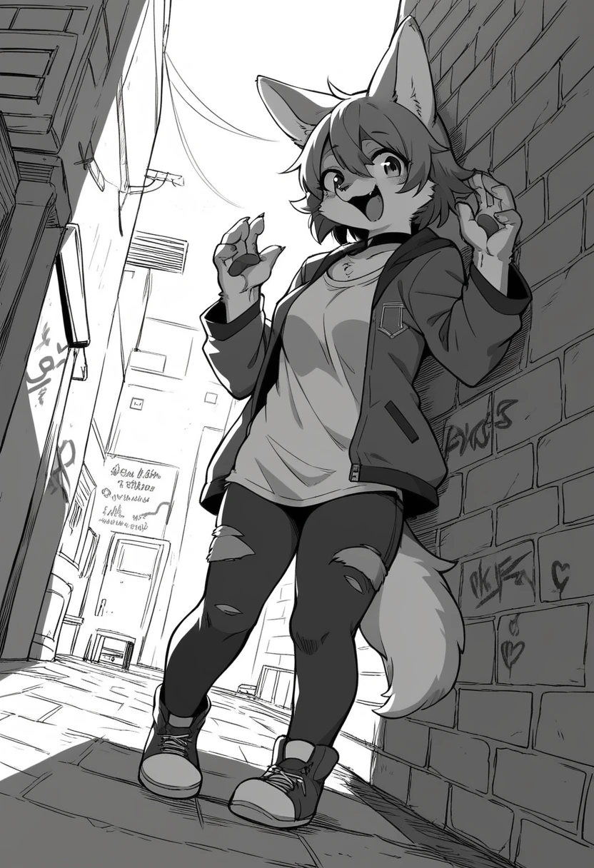 cover page, highres, top quality, best quality, paid reward available, unparalleled masterpiece, perfect artwork, absurdres, High-quality illustrations, laughing, perfect anatomy, lineart, monochrome, 1girl, kemono, furry, anthro, choker, shirt, torn legwear, open jacket, against wall, brick wall, graffiti, dim lighting, alley, dynamic angle,