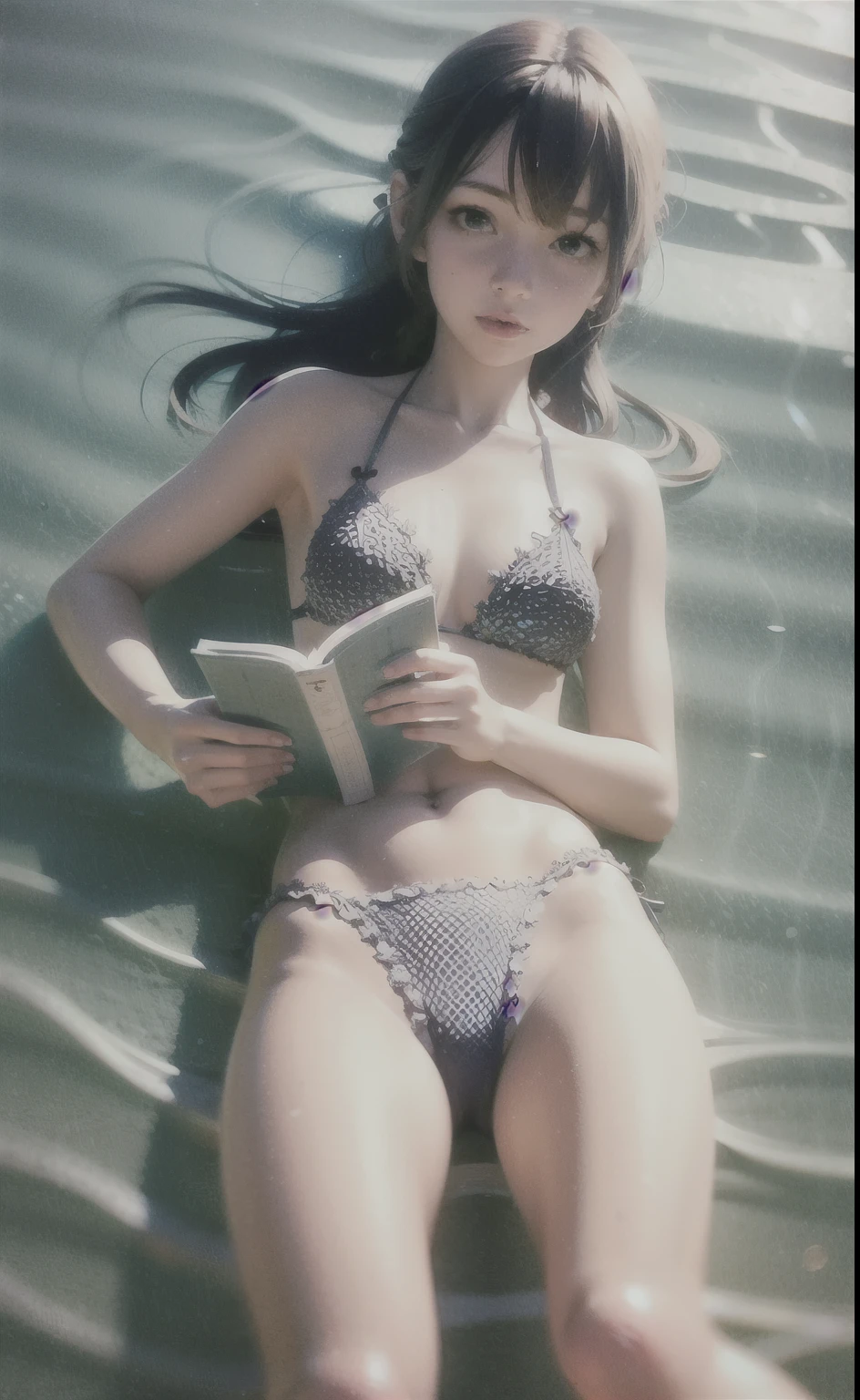 A beautiful girl, blue hair, small breast, reading book under water