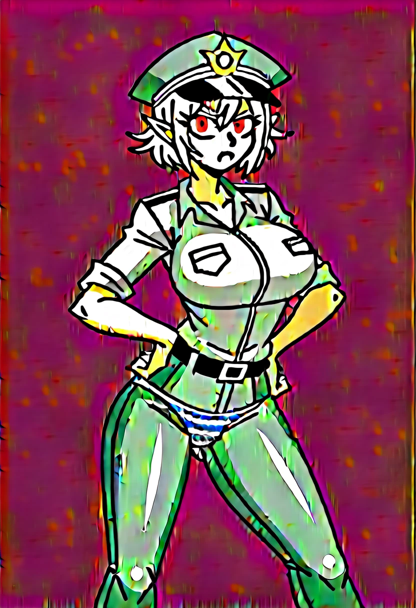 NSFW,((Perfect human body)),One girl, Red eyes, Wavy silver hair, Pointed Ears, vampire, Drooping eyes,Police uniform,Anxious expression,Police hat,Pleated skirt,Mobile Task Force Heavy Equipment,Big Breasts,Hair Flowers,Urban area,whole body,Character portrait,Skirt rolled up,In combat,Striped panties,Boomerang Pants,bulge in the crotch,Possession of a gun,Assault rifle