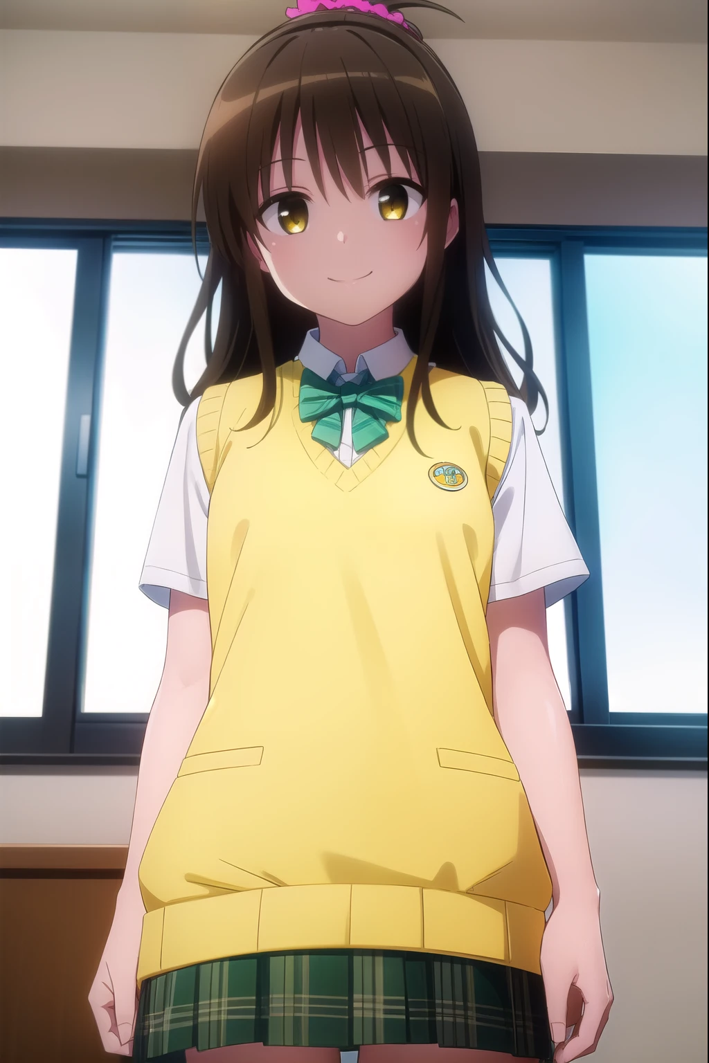 mikanyuuki, mikan yuuki, (brown eyes:1.5), brown hair, hair ornament, hair scrunchie, long hair, pink scrunchie, scrunchie, (flat chest:1.2),
BREAK green skirt, plaid, plaid skirt, sainan high , , skirt, shirt, white shirt, sweater vest, (yellow sweater vest:1.5),
BREAK indoors, classroom,
BREAK looking at viewer, (cowboy shot:1.5),(smile:1.4)
BREAK (masterpiece:1.2), best quality, high resolution, unity 8k wallpaper, (illustration:0.8), (beautiful detailed eyes:1.6), extremely detailed face, perfect lighting, extremely detailed CG, (perfect hands, perfect anatomy),