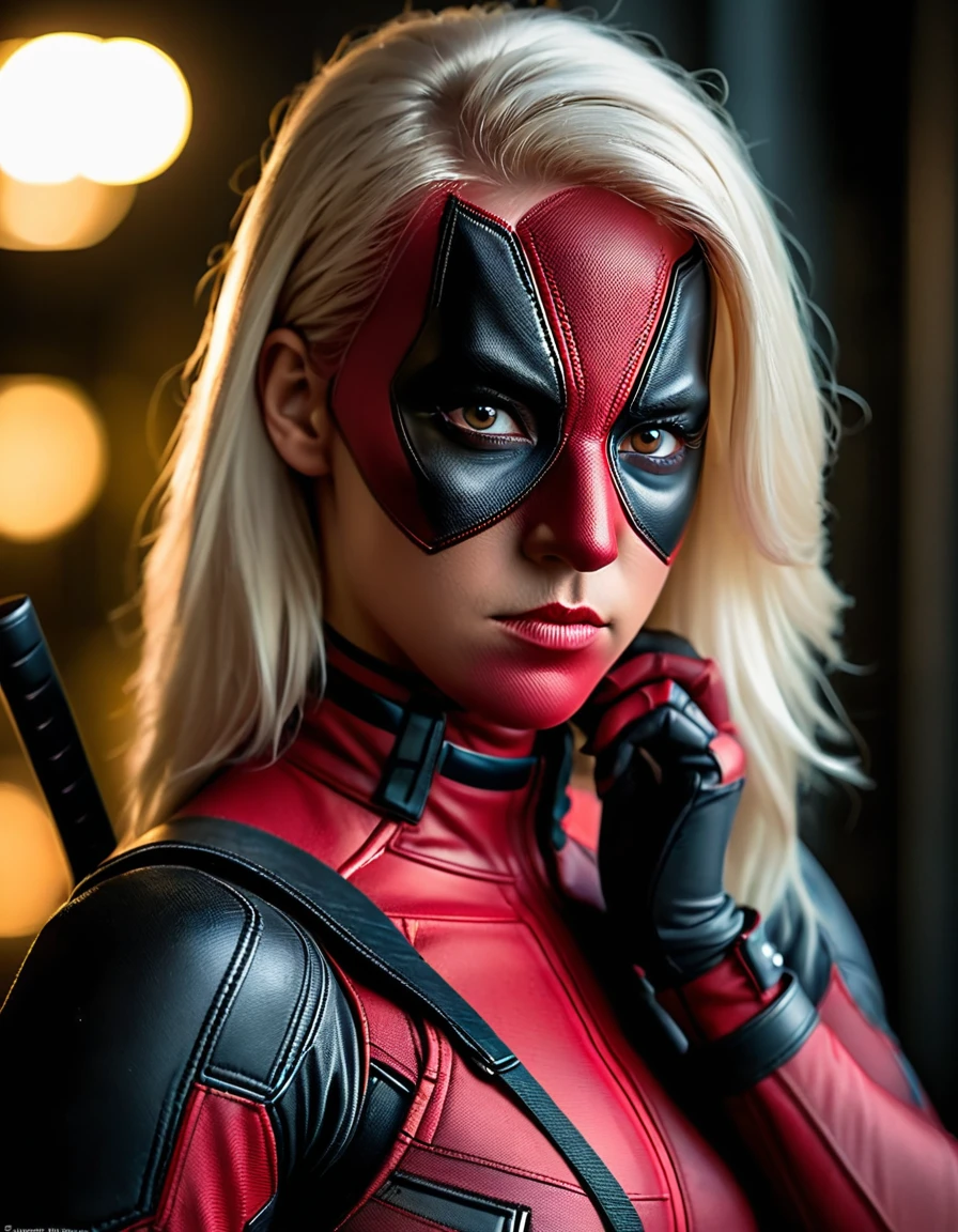 very attractive 25 year old girl with long platinum blonde hair, photorealistic Realism 8K, 16K, Quality: (Hyper absurd quality, extremely detailed detail, hyper resolution, clear sharp focus, not blurry, Realistic brown_eyes), ((perfect dark_eyeshadows:1.45)), (super Detailed, beautiful little nose:1.2), (perfect composition), (deadpool Cosplay), incredibly similar to the original outfit from the deadpool movie, dynamic stance, face focused on the target in the distance, ready to fight, (full body shot), (close up of her face), beautiful cheekbones, double eyelids, dslr, best high quality soft lighting, sharp focus captured by Fujifilm XT3, f 5.6, in a dramatic lighting, ((perfect composition)), ((pale skin)), ((dry skin))