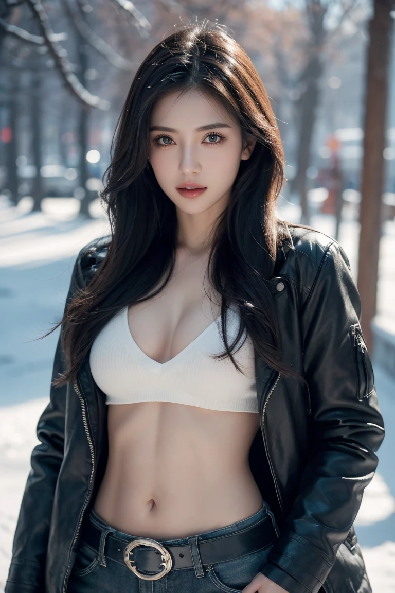 girl in winter scene, Short chest down jacket, Exposed lower abdomen，Sexy abs，Low-rise pants, Metal belt,cowboy shot, The abdomen is completely exposed, Detailed facial features, beautiful eyes, Lips, and long eyelashes, Reality, 8K， Very detailed, Studio Lighting, Dramatic Lighting, Vibrant colors, work, Cold winter atmosphere