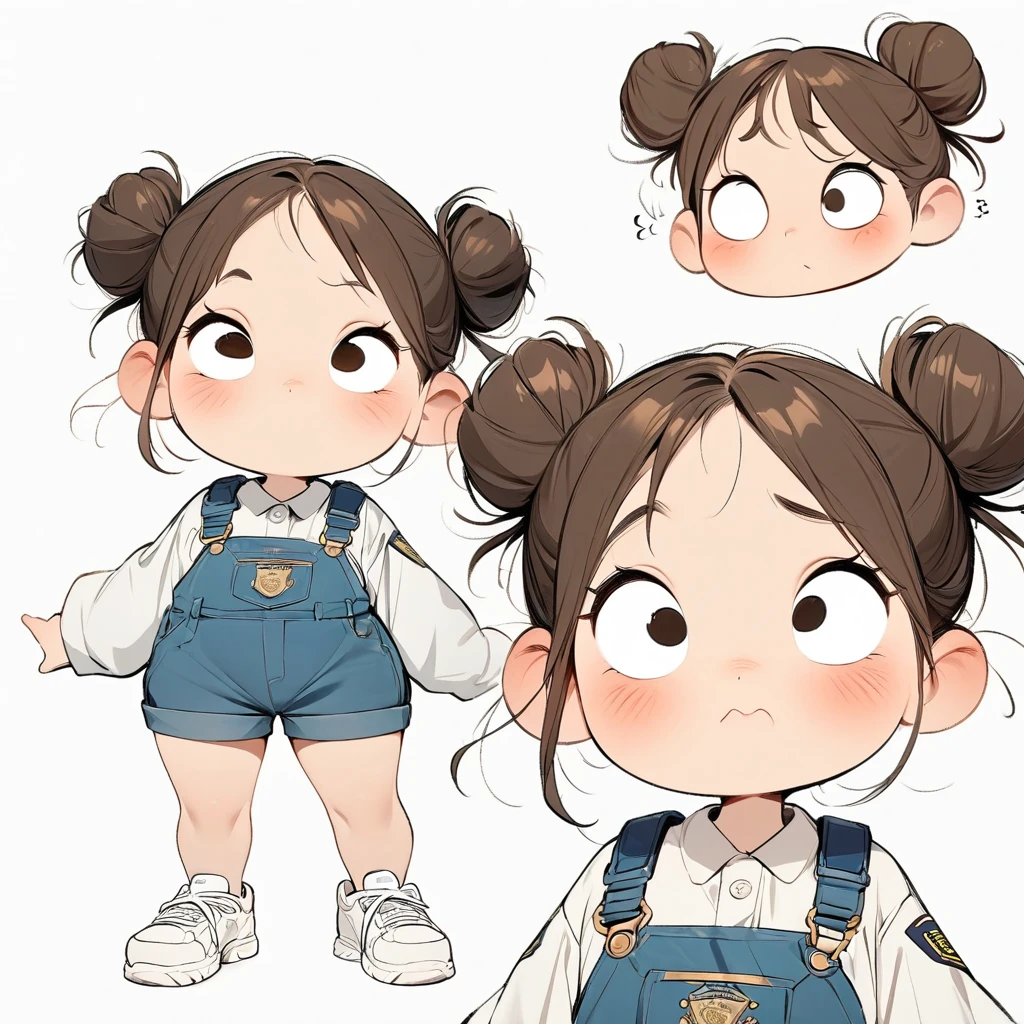 (masterpiece, best quality:1.2), cartoonish character design。pure white background, 1 girl, alone, big eyes,cute expression,Two hair buns,police uniform,Overalls,White sneakers,stand,interesting,interesting,clean lines,Correct facial features